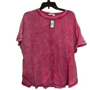 Zenana Women's Shirt Large XL NWT Waffle Short Sleeve Fuchsia Top